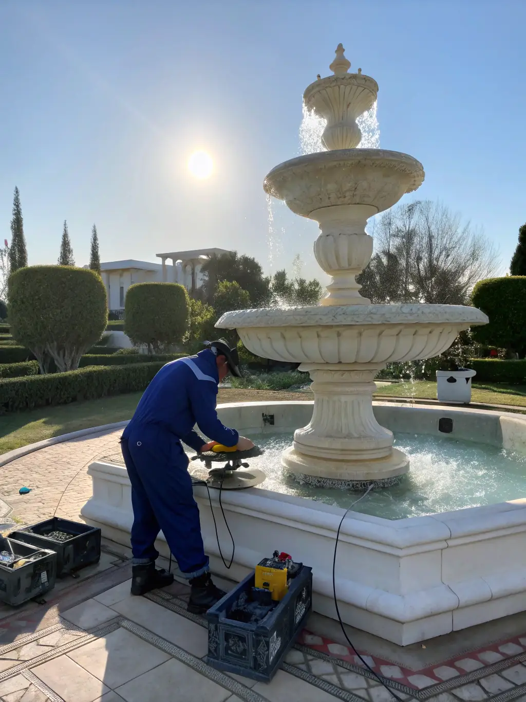 A photograph showcasing the restoration of a historic fountain within the Villa Kernetra gardens, with gardeners carefully cleaning and repairing the stonework.