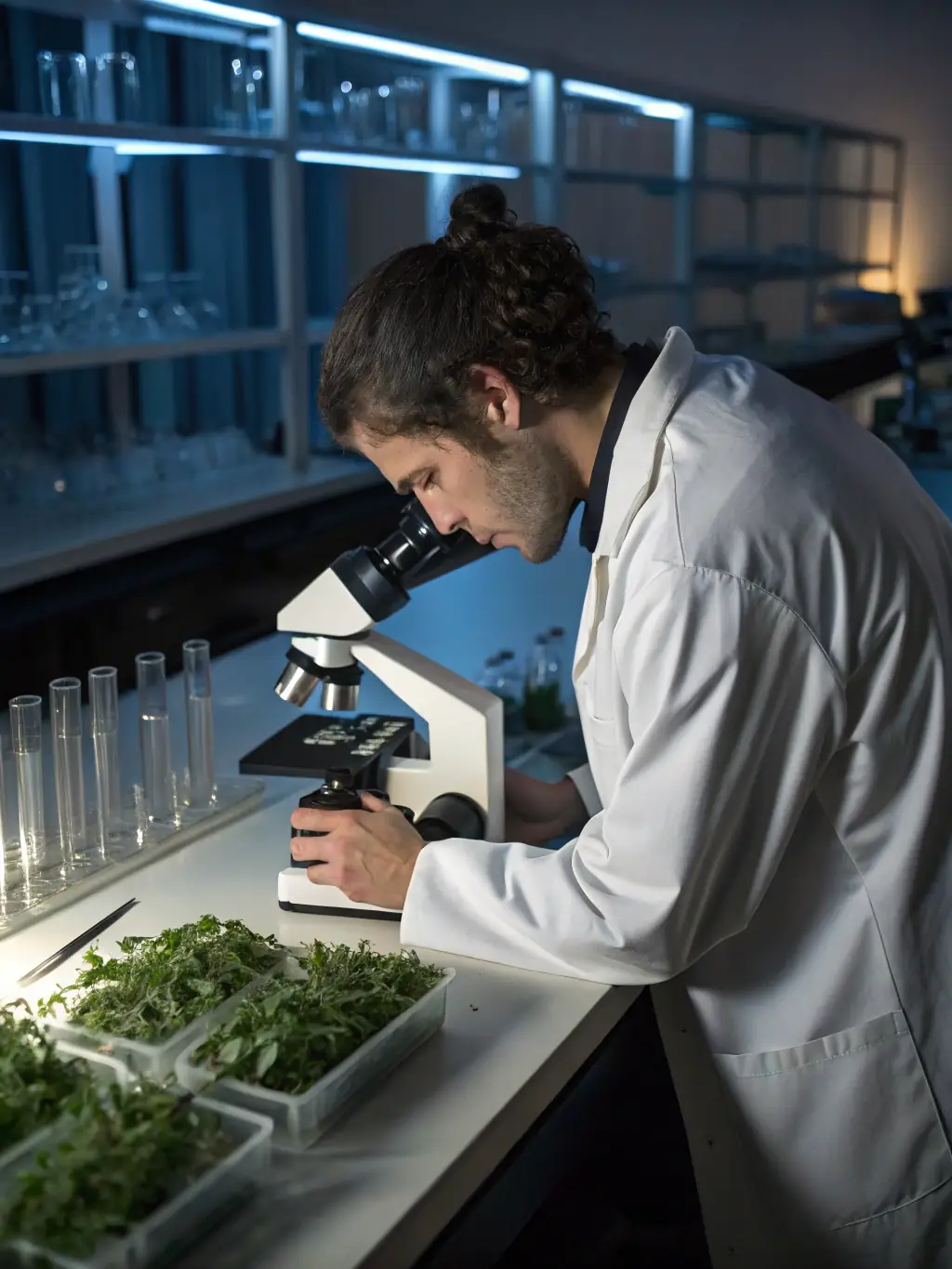 Researchers examining plant specimens in the Villa Kernetra herbarium, carefully documenting their findings and contributing to botanical knowledge.