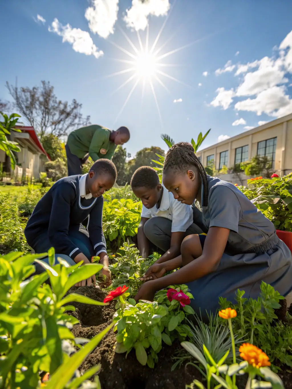 A group of students participating in a hands-on gardening workshop at Villa Kernetra, learning about plant propagation and sustainable gardening practices.