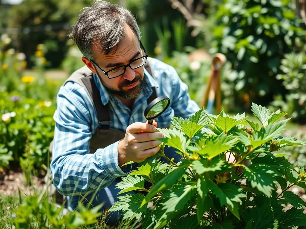A researcher examining plant specimens in the gardens with historical documents nearby.