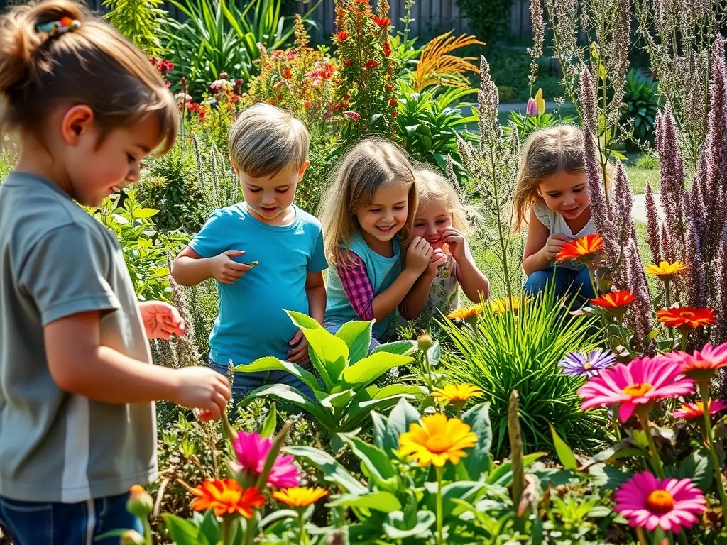 A group of children and adults participating in a guided tour through the gardens, engaging with the natural and historical features.